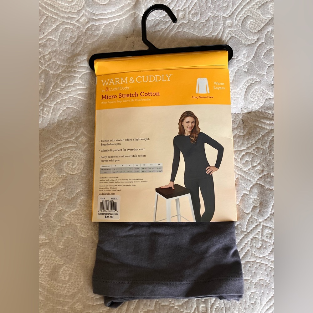 CuddlDuds Warm & Cuddly Micro Stretch Cotton Long Sleeve Crew XL Grey New